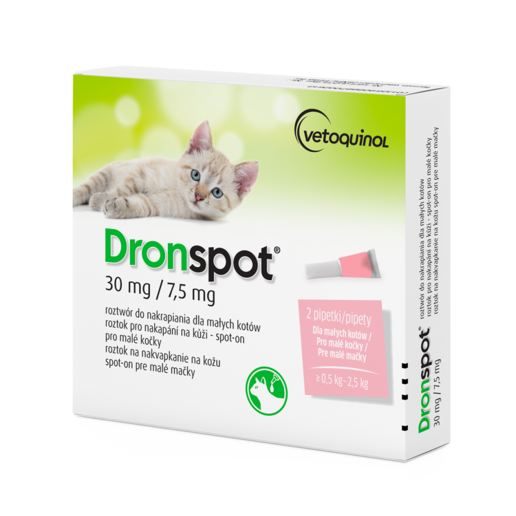 Vetoquinol DRONSPOT 2 X 0,35 ML (30 MG/7,5 MG) krople na odrobaczenie dla małego kota - thumbnail