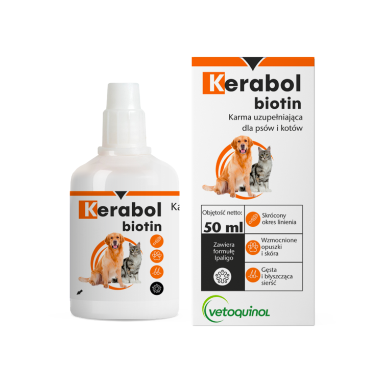 Vetoquinol KERABOL BIOTIN krople dla psów i kotów przeciw linieniu, matowej i suchej sierści - thumbnail
