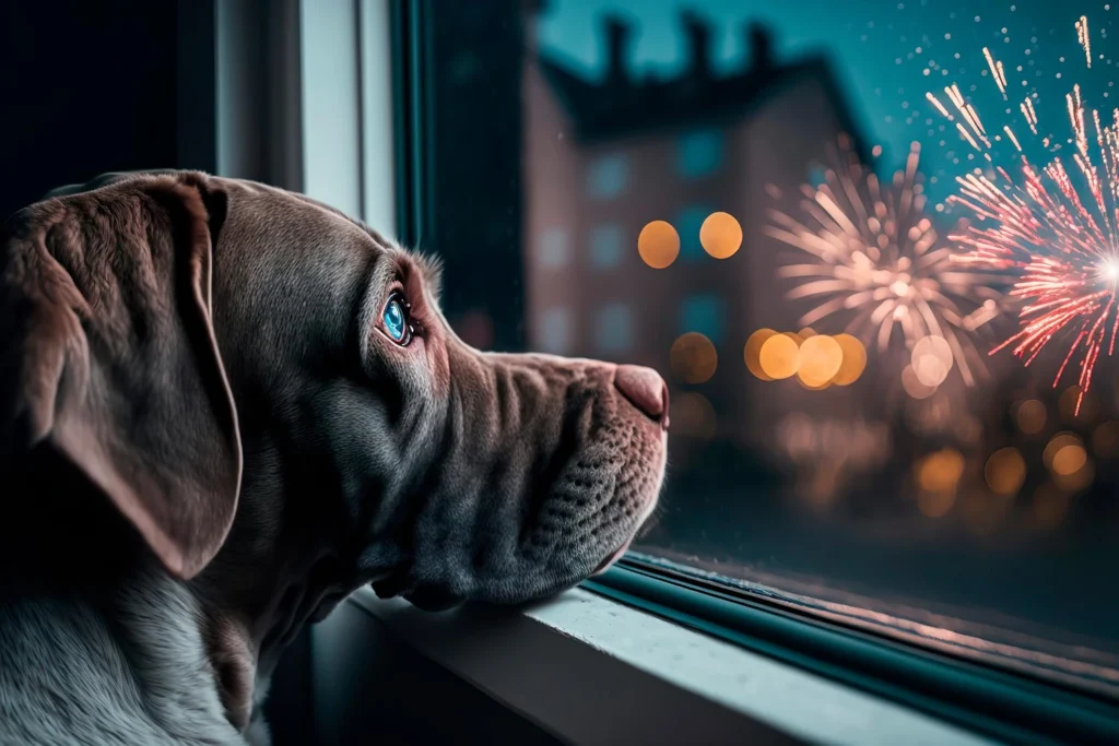 Pies patrzy przez okno na fajerwerki, psi sylwester
