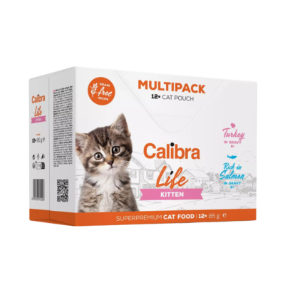 Calibra CAT LIFE POUCH KITTEN MULTIPACK 12 x 85 G bezzbożowe saszetki z mięsem w sosie dla kociąt – 2 smaki