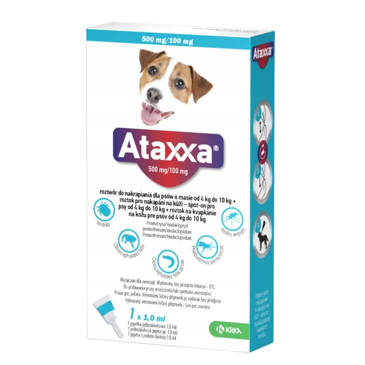 KRKA ATAXXA 500 MG/100 MG SPOT-ON 1 ML krople przeciw pchłom i kleszczom dla psa o wadze 4-10 kg (1 pipeta) - thumbnail