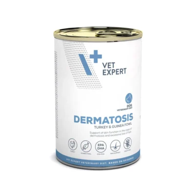 Vet Expert VETERINARY DIET DOG DERMATOSIS TURKEY&GUINEA FOWL 400 G mokra karma z indykiem i perliczką dla psów z zaburzeniami dermatologicznymi lub nietolerancją pokarmową